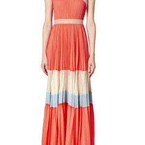 BCBGMaxAzria Coral One-Shoulder Colorblock Pleated Maxi Dress